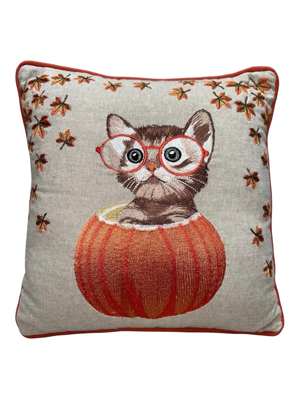PIER 1 Harvest throw pillow kitty in pumpkin thankgiving halloween orange 12"